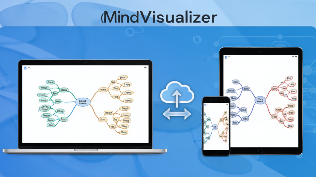 一幅展示导思(MindVisualizer)云同步功能的示意图,画面左侧是笔记本电脑,右侧是手机和平板,屏幕上都显示同一张思维导图,中间有云朵图标和双向箭头连接,背景为渐变蓝色科技感,整体风格现代简约,细节丰富,画质细腻,无多余元素
