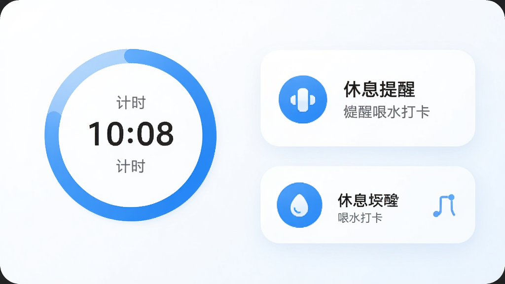 一幅展示小海健康提醒器主界面的高清截图,界面包含计时圆环、休息提醒卡片、喝水打卡图标,整体风格清新简约,主色调为蓝白搭配,布局居中,图标圆润,背景干净,画质细腻,无多余元素