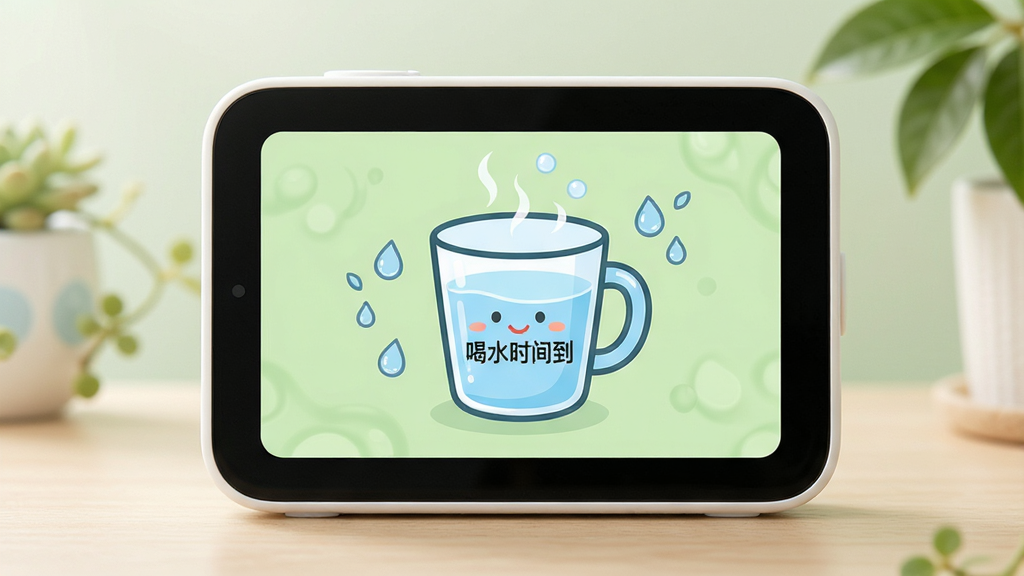 小海健康提醒器的喝水提醒界面,界面中央有一个卡通水杯,水杯上标有“喝水时间到”文字,背景为淡绿色,旁边有水滴装饰,风格清新自然,布局简洁,画质干净