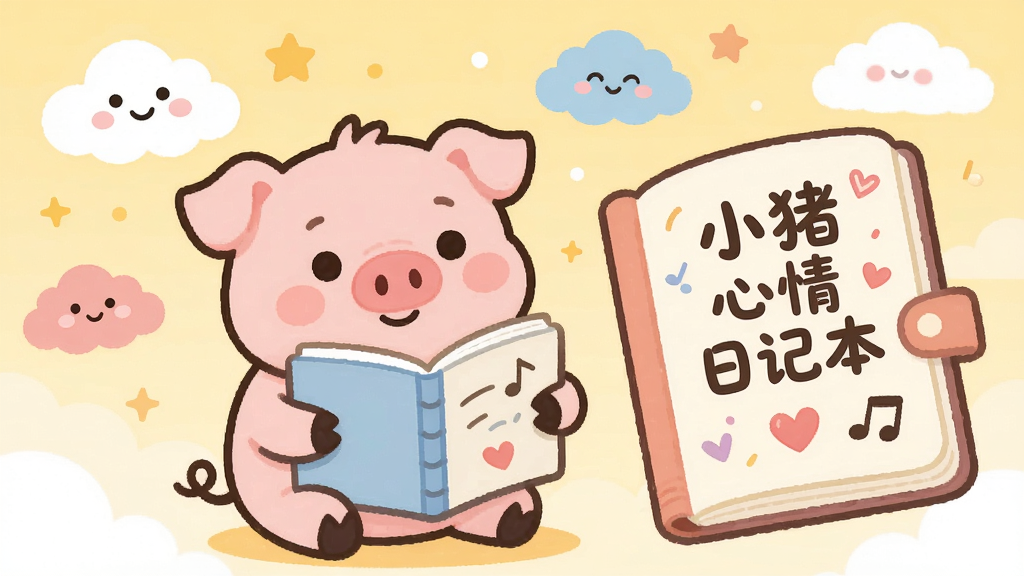 主体:一只可爱的小猪卡通形象,抱着一本打开的日记本,周围漂浮着代表不同心情的云朵和星星。布局:小猪位于画面中央偏左,日记本占据右侧三分之一,背景为淡黄色渐变,营造温暖氛围。排版:日记本页面上有手写体文字“小猪心情日记本”,字体圆润可爱。风格:扁平化卡通插画风格,色彩柔和,线条简洁。细节:小猪脸上带着微笑,日记本上有爱心和音符图案,背景有淡淡的云彩。画质:高清,干净,无多余元素。