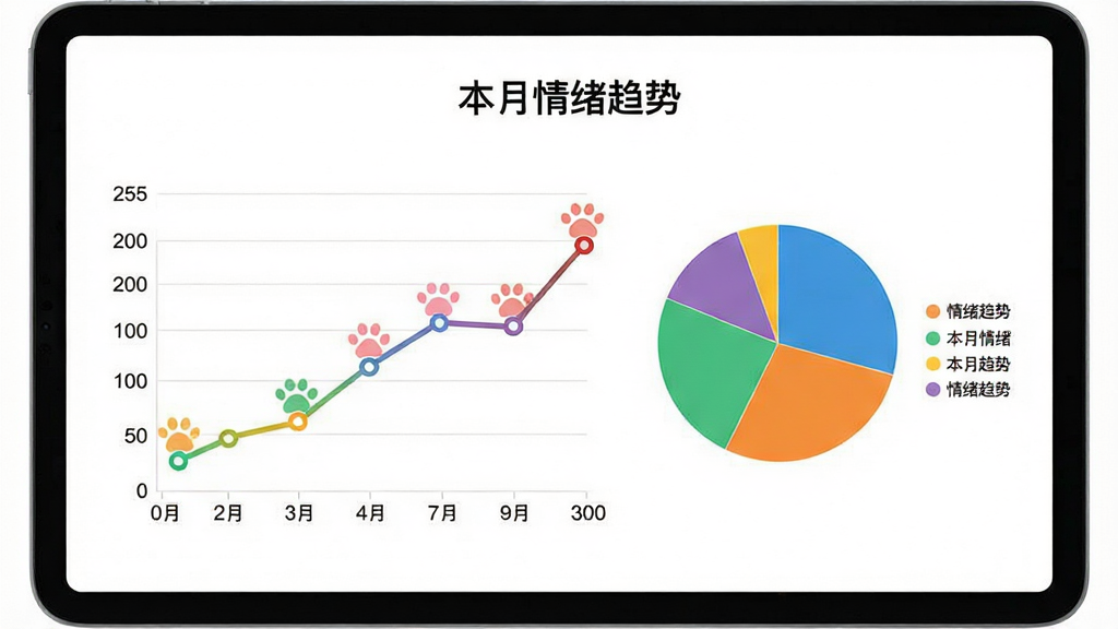 主体:一个平板电脑上显示小猪心情日记本的情绪分析图表,包括折线图和饼图,图表上有不同颜色的数据点。布局:平板居中,屏幕显示图表界面,左侧为折线图,右侧为饼图,背景为白色。排版:图表上方有“本月情绪趋势”标题,坐标轴清晰。风格:简洁商务风,图表色彩鲜艳但协调。细节:折线图上有可爱的小猪脚印标记,饼图旁有图例。画质:高清,干净,无多余元素。