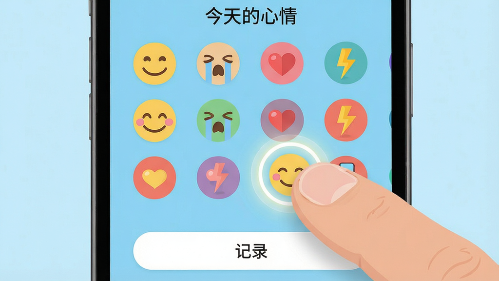 主体:手机屏幕特写,显示小猪心情日记本的界面,屏幕上有一排排圆形的心情图标,包括笑脸、哭脸、爱心、闪电等。布局:手机居中,屏幕内容清晰可见,图标以网格状排列,背景为浅蓝色。排版:界面顶部有“今天的心情”标题,下方是图标网格,底部有一个“记录”按钮。风格:现代扁平化UI设计,色彩明快。细节:其中一个笑脸图标被手指选中,周围有光圈效果。画质:高清,干净,无多余元素。
