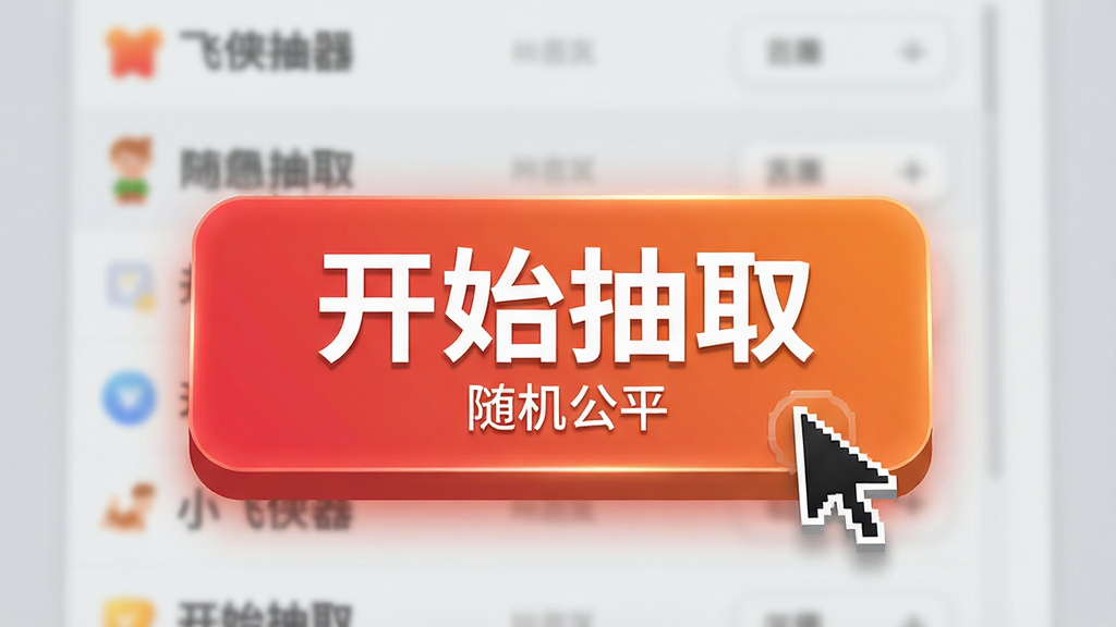 主体:小飞侠随机抽取器的抽取按钮特写,鼠标指针悬停在按钮上方。布局:按钮居中,背景虚化,突出按钮的立体感。排版:按钮上写着“开始抽取”四个大字,下方有“随机公平”小字。风格:扁平化设计,红橙渐变按钮,背景为浅灰色。细节:按钮边缘有微光,背景中隐约可见名单列表。画质:高清,干净,无多余元素。
