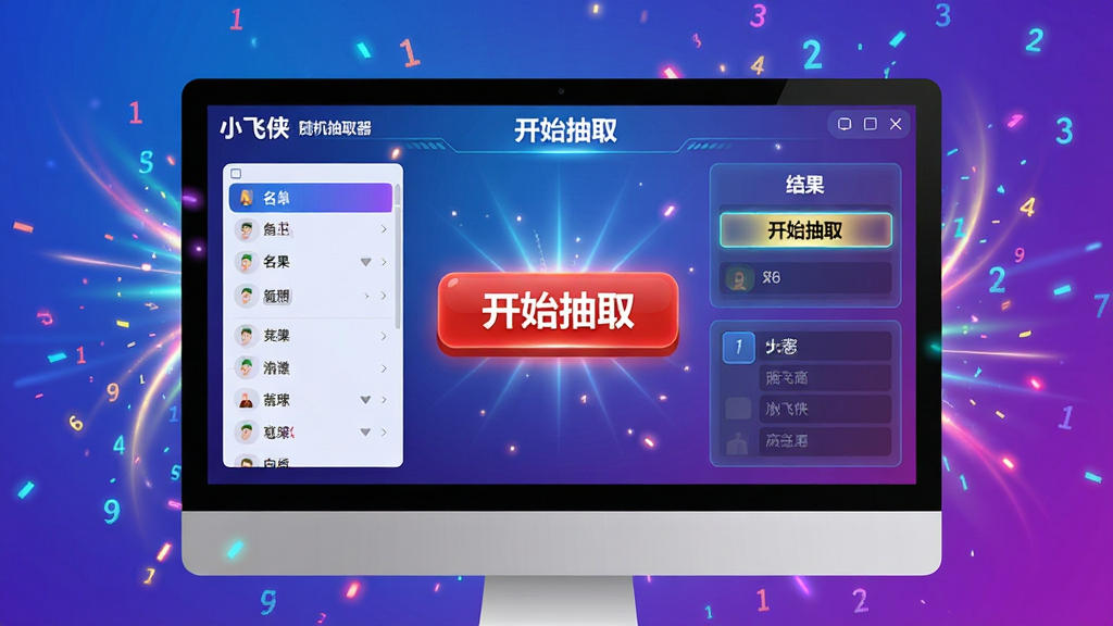 主体:小飞侠随机抽取器软件界面在电脑屏幕上的展示,界面中央有一个醒目的红色“开始抽取”按钮,周围分布着名单列表和结果展示区域。布局:电脑屏幕占据画面主体,周围有彩色光效和飘落的数字粒子。排版:界面元素清晰,按钮突出,名单文字可辨。风格:现代科技感,色彩明亮,背景为渐变的蓝紫色。细节:按钮上有白色“开始抽取”字样,结果区显示一个高亮的名字,给人一种公平、刺激的感觉。画质:4K高清,细节丰富,干净,无多余元素。