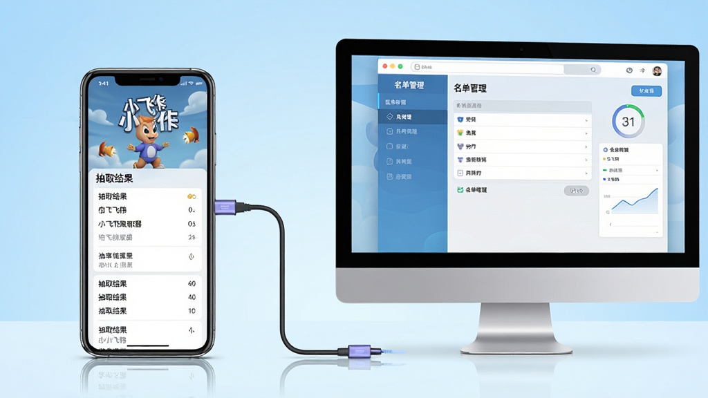 主体:一部智能手机和一台电脑并排摆放,屏幕上均显示小飞侠随机抽取器的界面。布局:手机在左,电脑在右,中间有连接线示意数据同步。排版:手机屏幕显示“抽取结果”列表,电脑屏幕显示“名单管理”页面。风格:现代科技感,背景为浅蓝色渐变。细节:手机和电脑屏幕内容清晰,画面干净,光线明亮。画质:4K,干净,无多余元素。