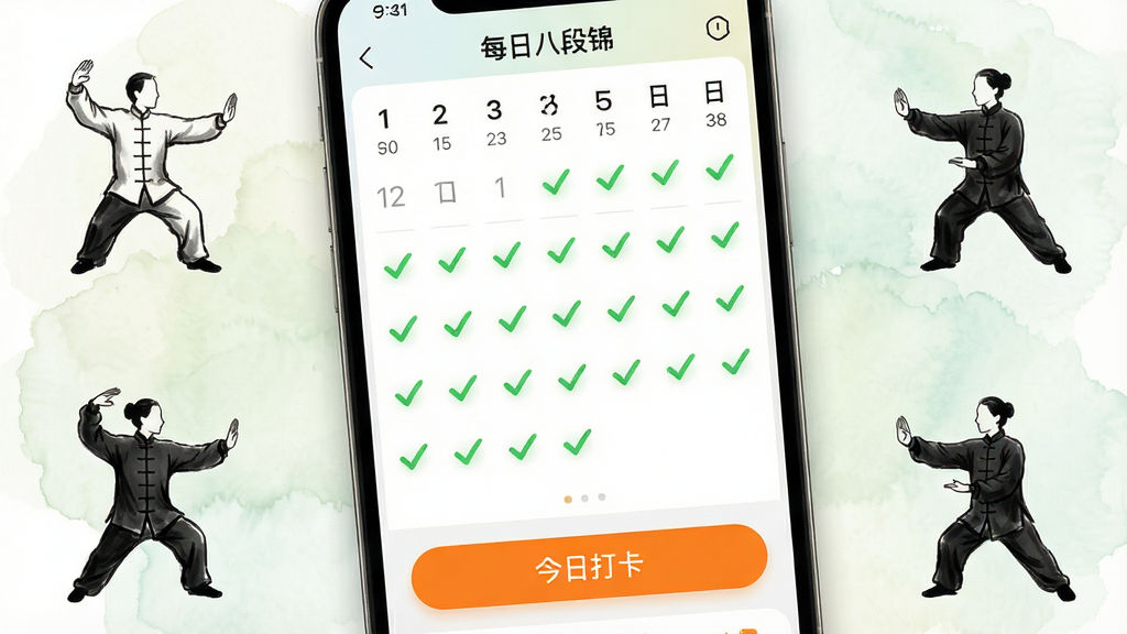 һ�������ֻ���дͼ����Ļռ�ݻ������ģ�չʾ��ÿ�հ˶ν���APP�Ĵ��������棬�����ϲ�������ɫ�Թ������������򿨳ɹ����ײ��С����մ򿨡�����Ŀ��ɫ��ť���ֻ���Χ������ˮī���İ˶ν�������ʻ�����������Ϊ���ŵ�ˮ����ȾЧ����Ӫ�����ͳ���ִ���ϵ��Ӿ����ܡ����沼������ͻ�����Ű�������������¼�Լ������ϸ�壬�ɾ��޶���Ԫ�ء�