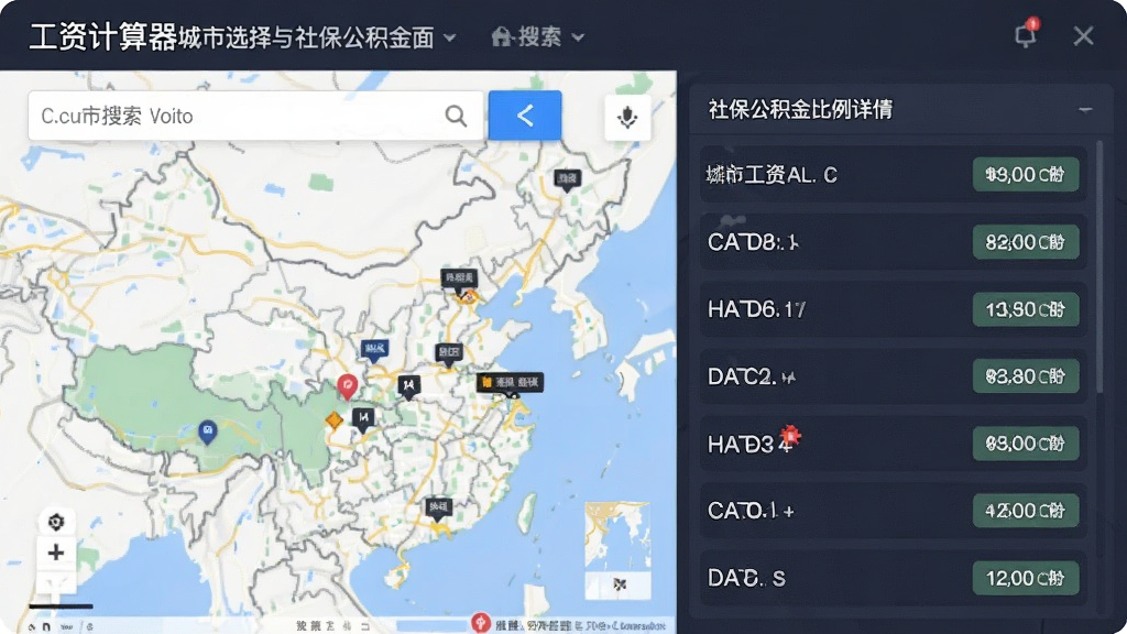 工资计算器城市选择与社保公积金界面,主体为地图与城市列表,布局左侧为城市搜索框,右侧为社保公积金比例详情,排版直观有序,风格商务简洁,细节标注各城市比例数据,画质高清,干净无多余元素