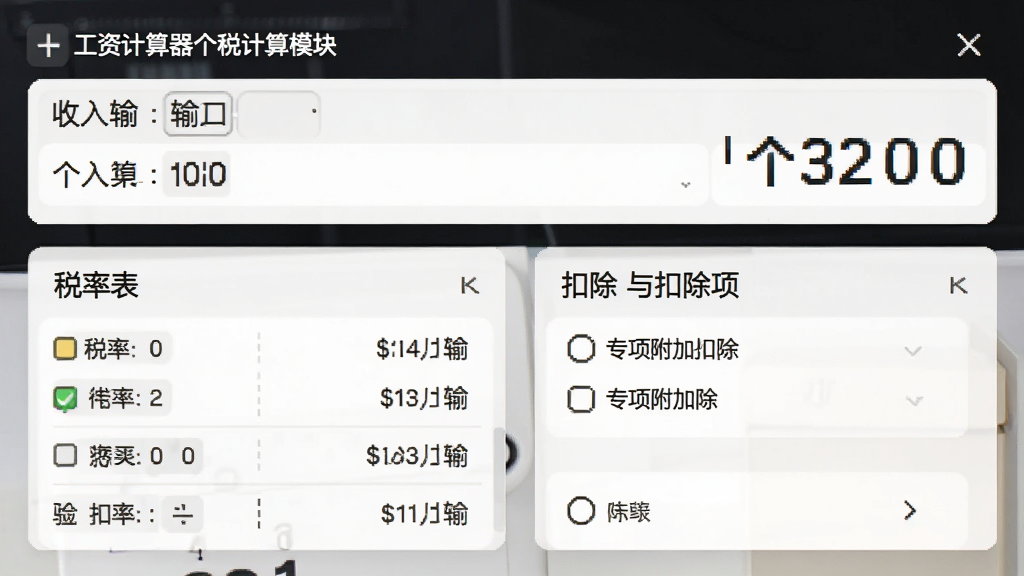 工资计算器个税计算功能界面,主体为计算器界面上的个税模块,布局上方为收入输入区域,下方为税率表与扣除项选项,排版层次分明,风格清晰简洁,细节突出专项附加扣除选项,画质高清,干净无多余元素
