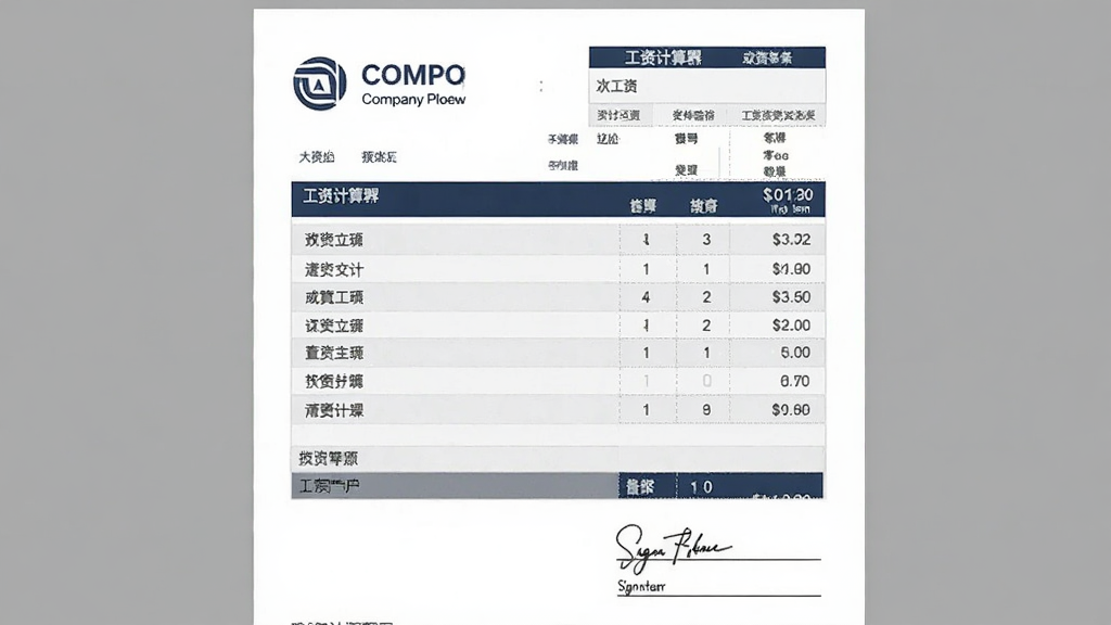 工资计算器生成工资条功能,主体为工资条样式预览,布局纵向排列工资项目,排版规整,风格商务正式,细节包含公司LOGO与签名栏,画质高清,干净无多余元素