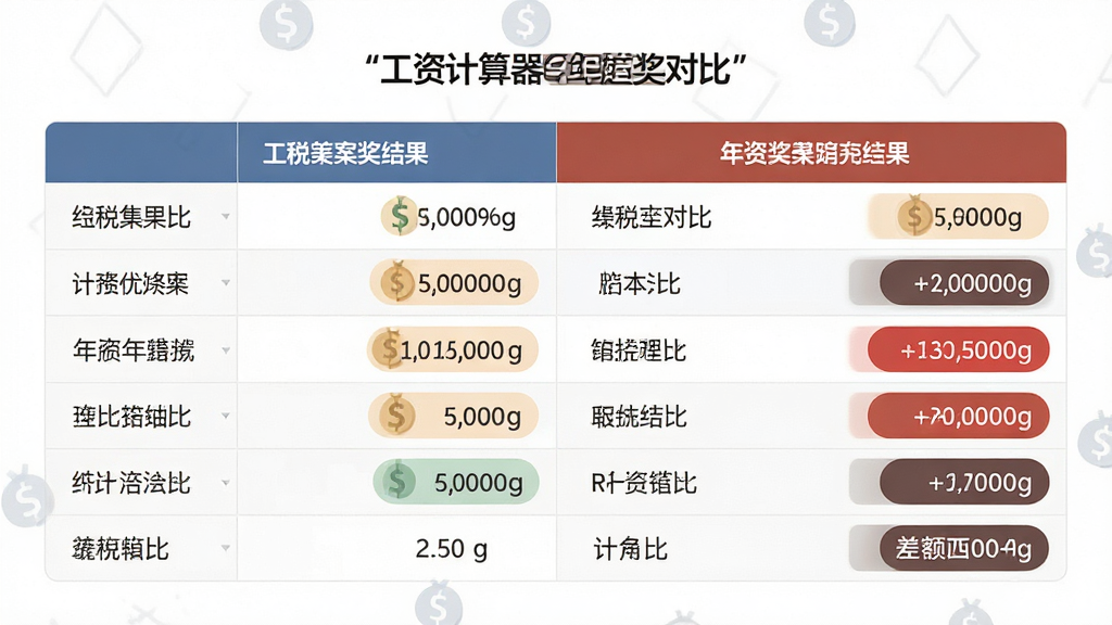 工资计算器年终奖对比界面,主体为对比表格,布局左右分栏展示两种计税结果,排版清晰易读,风格简约商务,细节突出差额高亮显示,画质高清,干净无多余元素