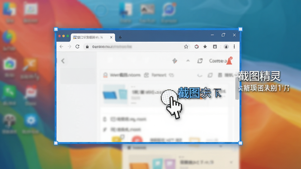 屏幕截图精灵的智能窗口识别功能示意,鼠标悬停在一个浏览器窗口上,窗口边缘出现蓝色高亮框,旁边显示截图尺寸提示,背景为模糊的桌面,界面扁平化设计,色彩鲜明,画质清晰干净
