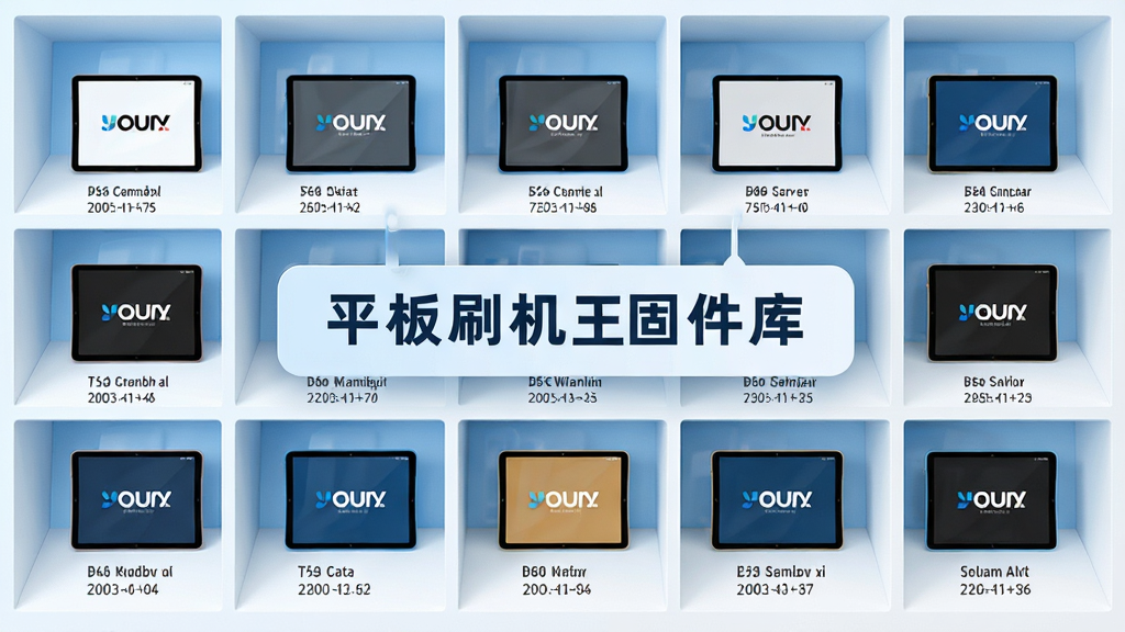 宽广的书架式界面设计,每个格子里摆放着带有品牌Logo的平板设备模型,悬浮标签显示“平板刷机王固件库”,整体色调浅蓝与白色搭配,布局整齐有序,风格简洁明亮,细节展示固件版本号和大小信息,画质高清干净