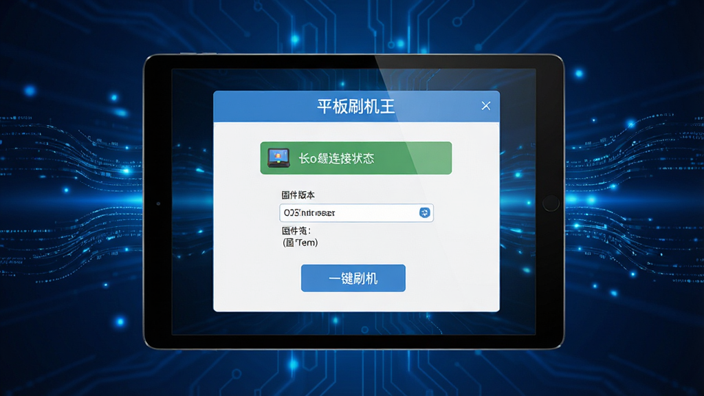 一幅高清数字渲染图,主体为平板电脑屏幕显示“平板刷机王”软件界面,界面包含设备连接状态、固件版本选择、一键刷机按钮等元素,背景为深蓝色科技感光效,布局中央聚焦,四周有数据流动线条装饰,风格写实且现代,细节清晰,画质干净,无多余元素