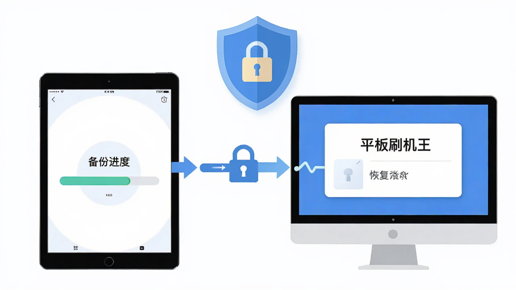 云端与本地设备之间的数据同步示意图,左侧平板显示备份进度,右侧电脑屏幕显示“平板刷机王”恢复选项,背景有盾牌和锁形图标象征安全,布局左右对称,风格扁平化设计,细节突出数据流动方向,画质干净清晰