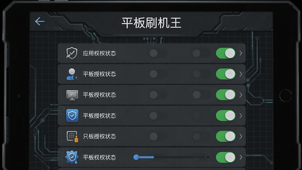 平板屏幕展示Root授权管理界面,列表显示应用权限状态开关,顶部有“平板刷机王”字样,背景为深灰色科技网格,布局居中,风格硬朗数字风,细节展现开关控件和权限图标,画质锐利干净