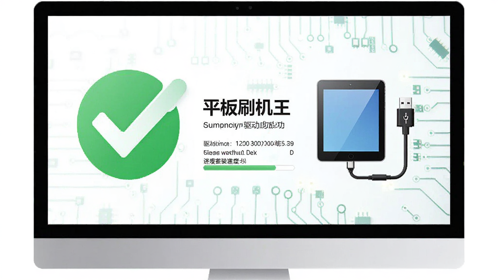 电脑屏幕显示“平板刷机王”驱动安装成功提示,旁边有平板设备图标和USB连接线,背景为绿色对勾和电路板纹理,布局简洁居中,风格清爽,细节展现驱动版本号和安装进度,画质干净无多余元素