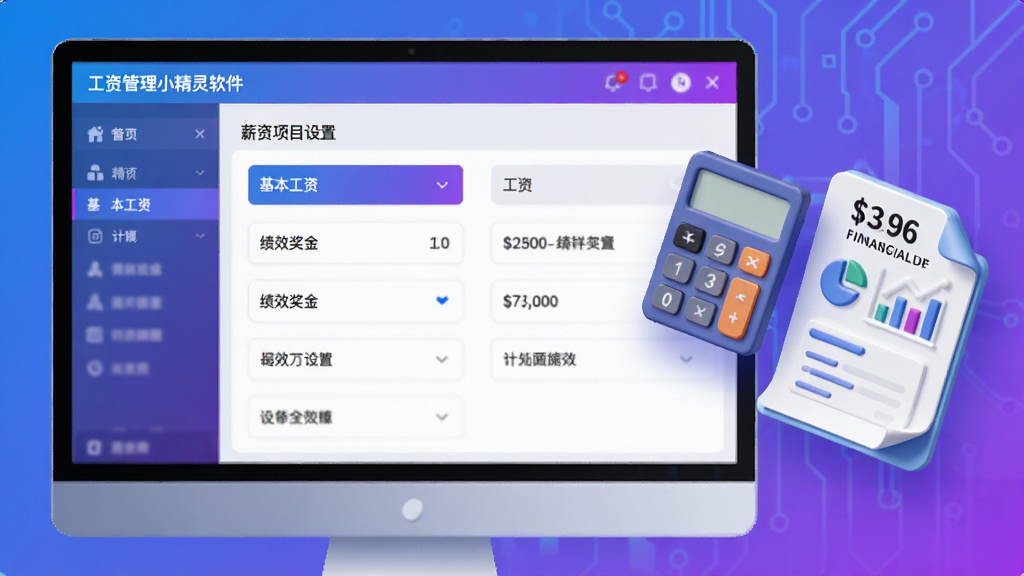 图片主体为工资管理小精灵软件的薪资项目设置界面,屏幕上展示着各类工资项目的配置选项,包括基本工资、绩效奖金等条目。画面右侧悬浮着计算器与财务报表的3D图标,寓意精准计算。排版采用左右分栏式,风格为现代科技感插画,色彩运用蓝紫渐变,突出软件的智能与高效。画质清晰,细节完整,无多余元素。