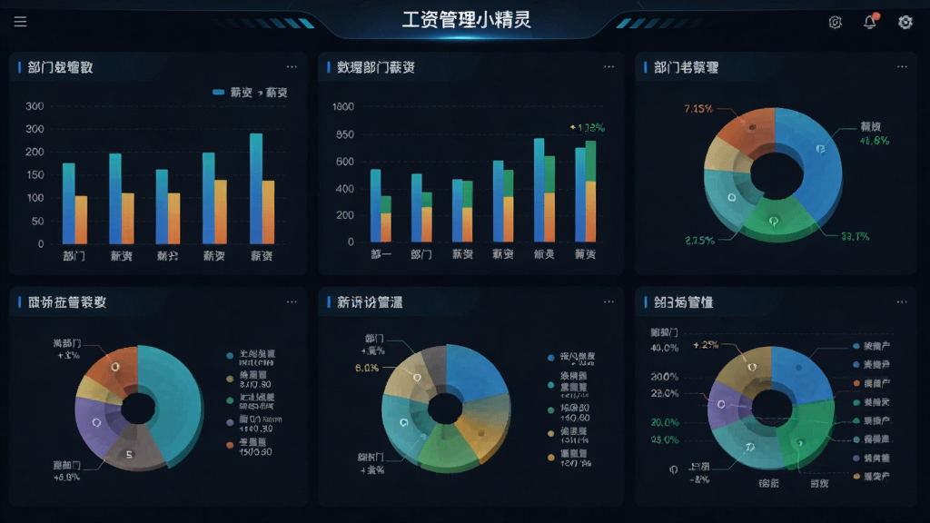 主体为工资管理小精灵软件生成的各类统计报表界面,屏幕上展示着柱状图、饼图等可视化图表,图表旁标注有部门名称和薪资数据。背景为深色的数据驾驶舱风格。排版为图表平铺式布局,风格为大数据可视化风格,色彩鲜艳明亮。画质清晰,图表细节丰富,无多余元素。