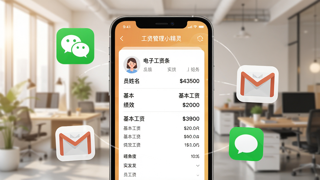 主体为手机屏幕展示工资管理小精灵发放的电子工资条界面,工资条上清晰显示员工姓名、基本工资、绩效、实发工资等明细。手机周围有微信、邮件、短信的图标环绕,表示多渠道发送。背景为虚化的现代办公室场景。排版为手机居中,图标环绕式。风格为写实与扁平插画结合,色彩明亮温暖。画质清晰,重点突出。
