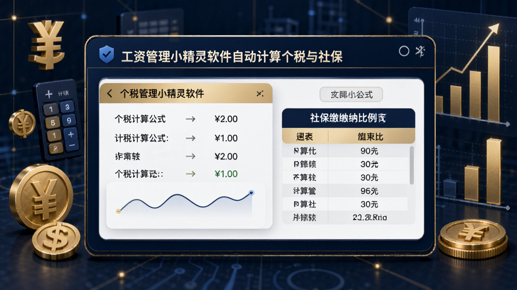 主体为工资管理小精灵软件自动计算个税与社保的功能界面,界面中展示着个税计算公式和社保缴纳比例表。背景为带有货币符号和计算图表的商务风格插画。布局采用中心聚焦式,突出数据的准确性。风格为商务科技感,配色以金色和深蓝色为主,体现专业与信赖感。画质高清,整体干净整洁。