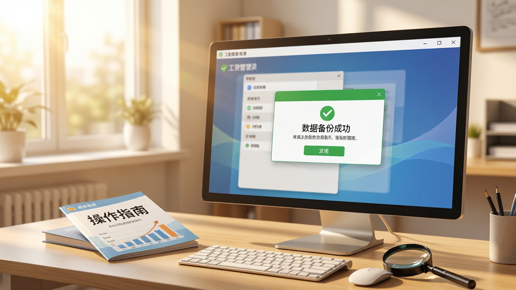 主体为电脑桌面上的工资管理小精灵软件运行界面,旁边放有一本操作指南手册和放大镜。界面显示着“数据备份成功”的弹窗提示。背景为整洁的办公室环境,阳光透过窗户洒入。排版为对角线构图,风格写实摄影风,色调温暖明亮。画质清晰,细节丰富,突出软件的安全可靠与易用性。