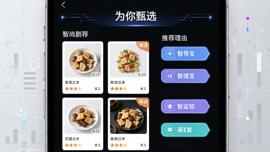 画面主体为食尚剧宝APP的智能推荐页面,屏幕上有多个商品卡片,顶部有“为你甄选”字样。布局采用左右分栏,左侧为商品图片列表,右侧为推荐理由标签。风格科技感十足,背景为浅灰色网格,突出数据与算法元素,细节包括商品评分、精选标志。画质高清,干净无多余元素。