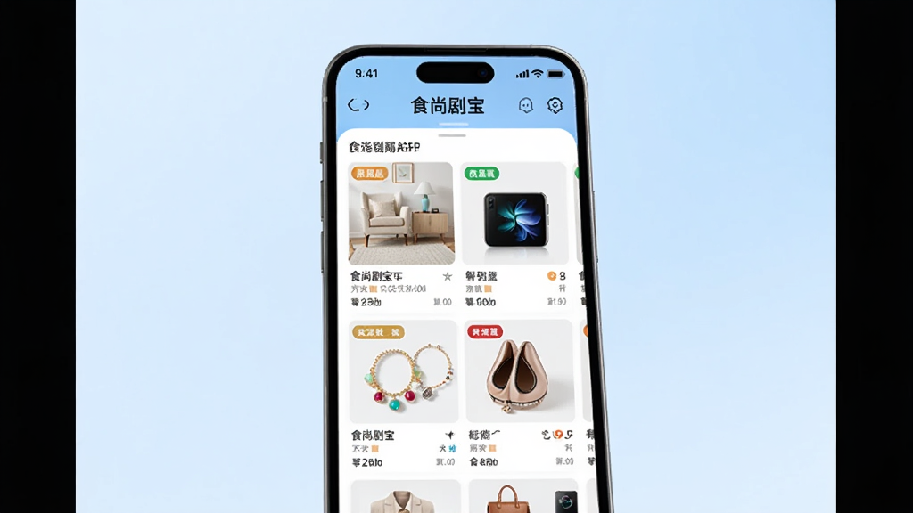 画面主体为一部亮着屏幕的智能手机,屏幕上展示食尚剧宝APP的首页界面,界面中整齐排列着各类精选商品卡片,有居家用品、数码产品、时尚饰品等。布局采用居中构图,手机微微倾斜,背景为柔和的渐变浅蓝色,营造干净清爽的氛围。排版上突出APP界面与商品缩略图,细节体现商品图片清晰、标签醒目。风格现代简约,画质高清,整体画面干净无多余元素。