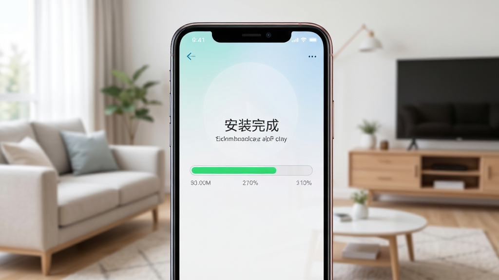 画面主体为一部手机正在下载食尚剧宝APP的进度条界面,背景为简约的客厅场景。布局采用中心构图,手机屏幕显示“安装完成”字样。风格写实明亮,细节包括手机外壳颜色和进度条百分比。画质高清,干净无多余元素。