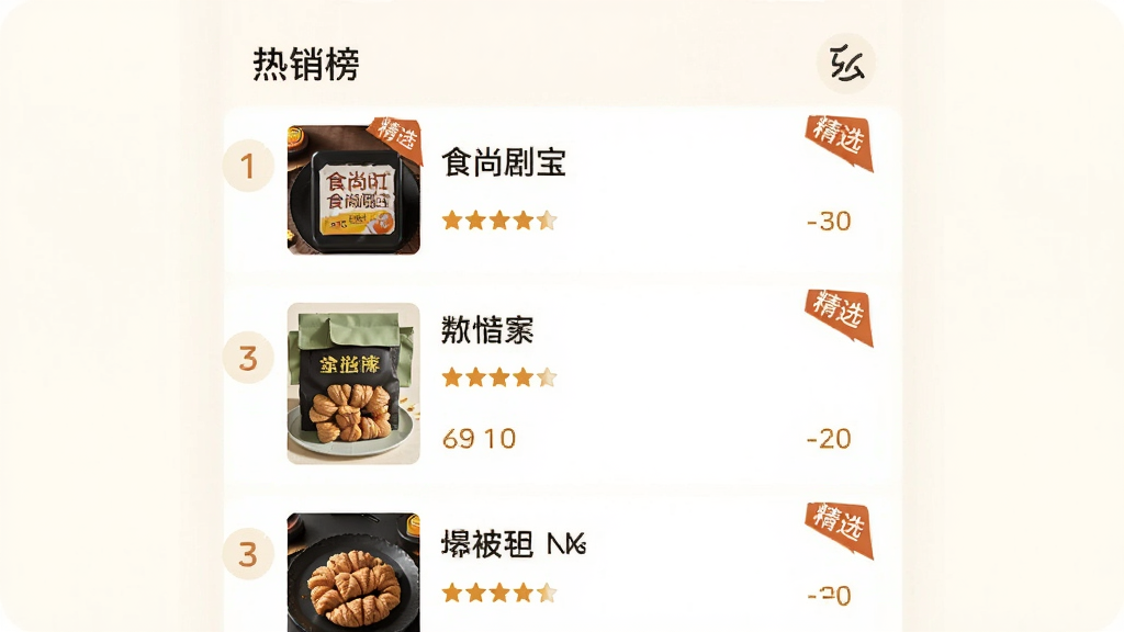 画面主体为食尚剧宝APP的榜单页面,屏幕上显示“热销榜”列表,每行有商品缩略图、名称和评分。布局采用垂直列表,背景为暖白色,风格简约,细节包括排名数字和“精选”角标。画质高清,干净无多余元素。