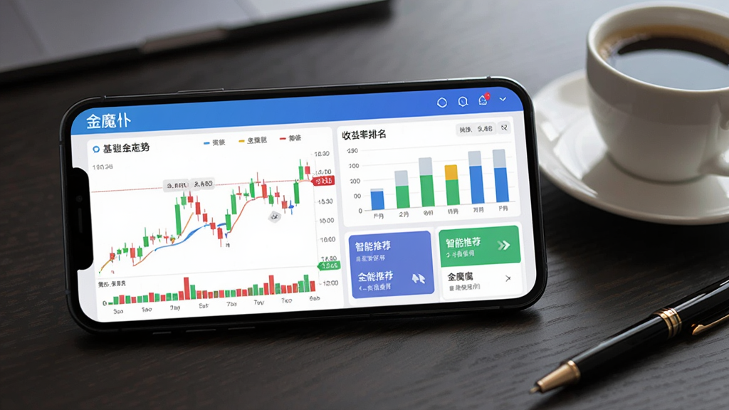 手机横屏展示“金魔仆”APP内的数据分析图表界面,屏幕上显示基金走势K线图、收益率排名柱状图和智能推荐卡片,图表色彩鲜明,数据标注清晰,手机放置在深色木质桌面上,旁边有一杯咖啡和一支笔,构图稳定,画面具有专业感和商务感,干净无多余元素