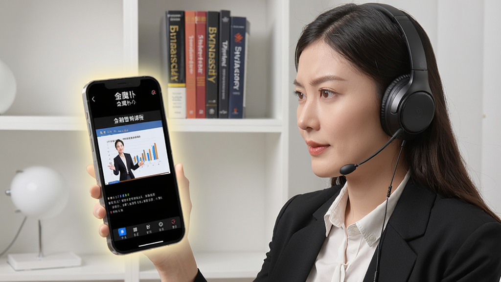 一位职业女性戴着耳机,正通过手机上的“金魔仆”APP观看金融营销课程视频,视频画面为讲师讲解PPT图表,手机屏幕外圈有柔和的光晕效果,人物表情专注,背景是简约的书房,书架上有金融类书籍,构图主体突出,画质细腻,干净无多余元素