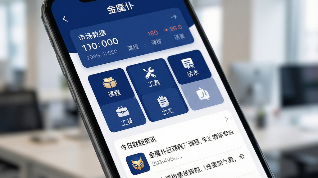 一张智能手机屏幕特写,屏幕中清晰显示“金魔仆”APP的首页界面,界面布局简洁现代,以深蓝色和白色为主色调,顶部有市场数据播报卡片,中部是功能图标网格,包含课程、工具、话术等,下方是今日财经资讯列表,手机背景为虚化的办公环境,整体画质高清,光线柔和,突出APP的专业感和科技感,干净无多余元素