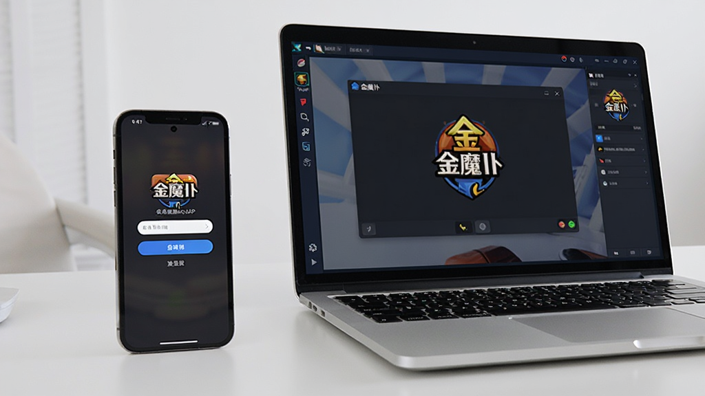 一部手机和一台笔记本电脑并排放在办公桌上,手机屏幕显示“金魔仆”APP的登录界面,电脑屏幕显示模拟器运行“金魔仆”客户端的界面,两者形成跨设备使用的场景,画面干净,构图清晰,突出多端适配的便利性,干净无多余元素