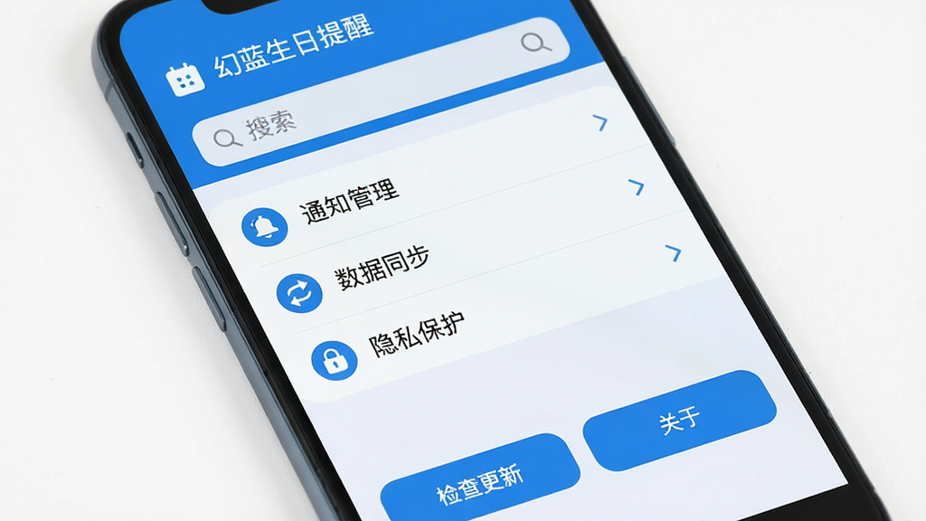 主体:一部智能手机屏幕显示幻蓝生日提醒的“设置”页面,页面中有“通知管理”、“数据同步”、“隐私保护”等选项。布局:屏幕上方是应用名称,中间是设置列表,下方有“检查更新”和“关于”按钮。排版:列表项间隔均匀,有图标区分。风格:扁平化,蓝色调,简洁专业。细节:每个设置项右侧有箭头图标,顶部有搜索框。画质:高清,干净,无多余元素。