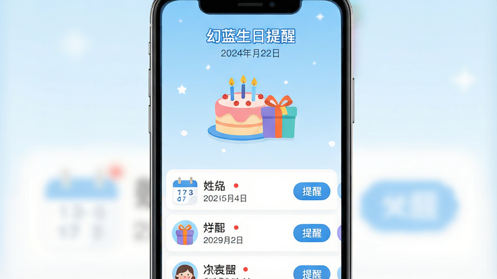 主体:一款名为“幻蓝生日提醒”的手机应用界面展示,画面中央是带有生日蛋糕和礼物图标的生日列表,背景为浅蓝色渐变。布局:上方显示应用名称“幻蓝生日提醒”及日期,下方排列着多个好友生日条目,每条右侧有“提醒”按钮。排版:简洁清晰,图标与文字对齐,留白充足。风格:扁平化设计,色彩以蓝色和白色为主,温馨可爱。细节:日历图标上标注数字,生日条目显示姓名和日期,并有红点提示即将到来的生日。画质:高清,干净,无多余元素。