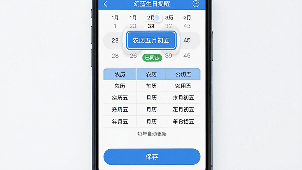 主体:手机屏幕展示幻蓝生日提醒的农历生日设置界面,显示“农历五月初五”被高亮选中。布局:屏幕上方是日期选择器,中间是农历与公历对照表,下方是“保存”按钮。排版:信息层级分明,选中项有蓝色高亮边框。风格:扁平化,蓝色主调,搭配绿色“已同步”标签。细节:日期选择器可滑动,对照表清晰标注农历和公历,并显示“每年自动更新”的小字。画质:高清,干净,无多余元素。