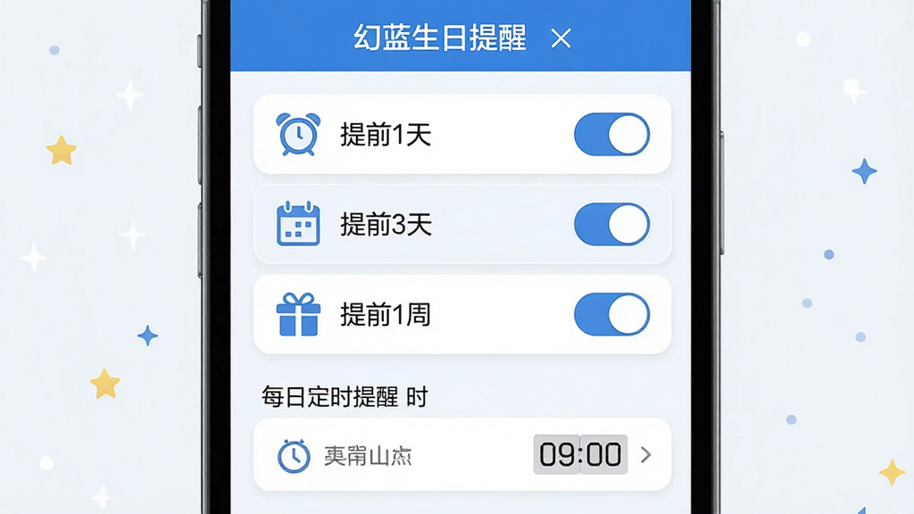 主体:幻蓝生日提醒的提醒设置页面,展示“提前1天”、“提前3天”、“提前1周”三个选项。布局:页面中央是提醒时间选项列表,每个选项右侧有开关按钮,下方是“每日定时提醒”的时间设置。排版:选项排列整齐,开关状态清晰。风格:扁平化,蓝白配色,简洁明了。细节:每个选项有图标,如闹钟、日历、礼物,定时提醒时间显示为“09:00”。画质:高清,干净,无多余元素。
