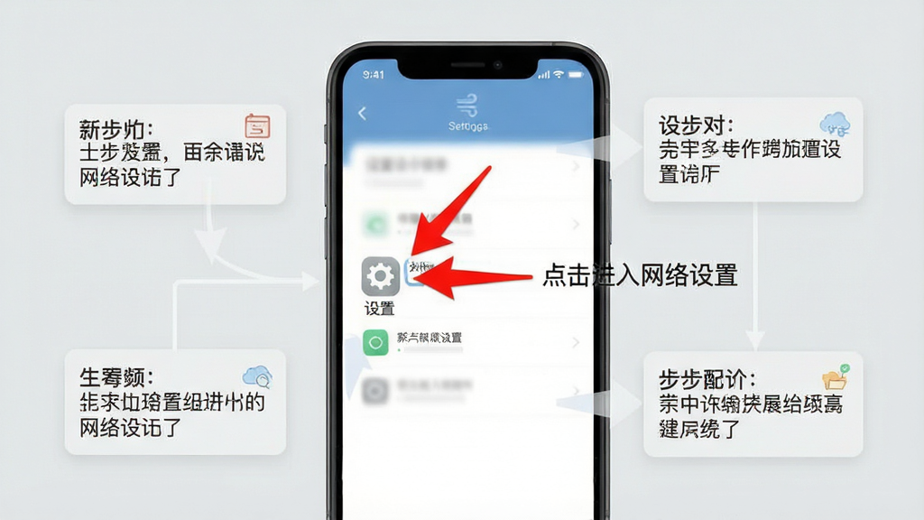 一张分步教程风格的示意图,主体为手机屏幕截图界面,上面用红色箭头标注出“设置”图标的位置,旁边用小字注释“点击进入网络设置”。布局为手机屏幕居中,周围有半透明的交互说明框。风格为扁平化UI风格,细节清晰,背景为浅灰色。画质干净,无多余元素,旨在指导用户进行关键设置。