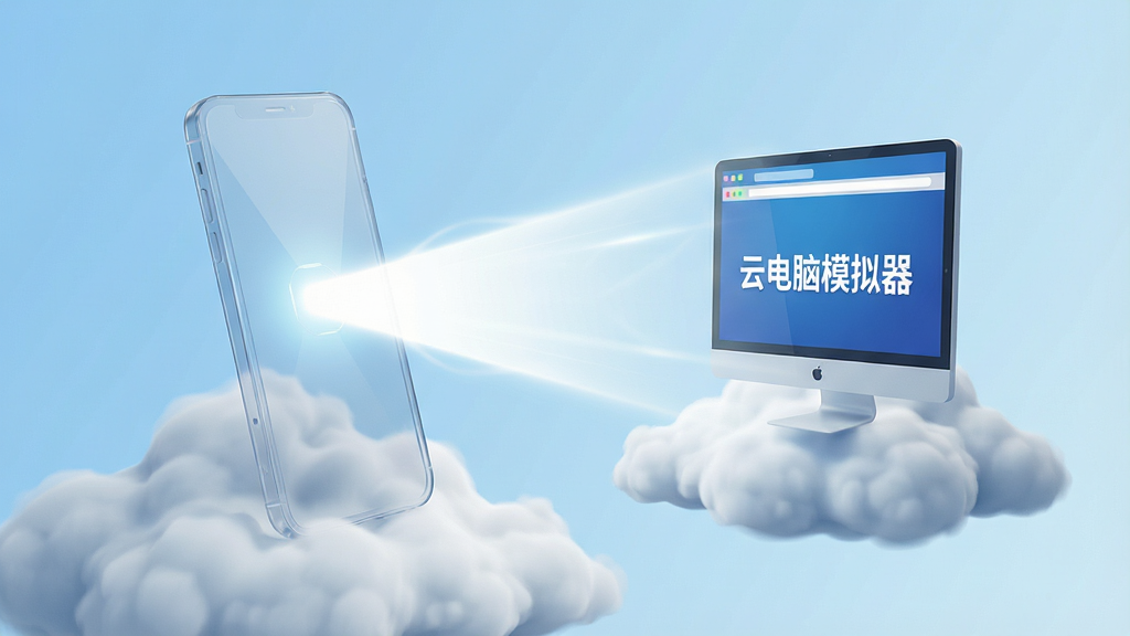 一张现代简约风格的3D渲染图,主体是一个悬浮在云朵之上的透明智能手机,手机屏幕中投射出一道明亮的光束,光束在云朵前方展开成一个虚拟的电脑显示器界面,界面上显示“云电脑模拟器”字样。布局为手机位于左侧,虚拟屏幕位于右侧,形成视觉动线。整体排版干净,背景为浅蓝色渐变,象征云端技术。风格偏向科技感与未来感,细节包括光效渲染和柔和的阴影,画质高清,干净,无多余元素。