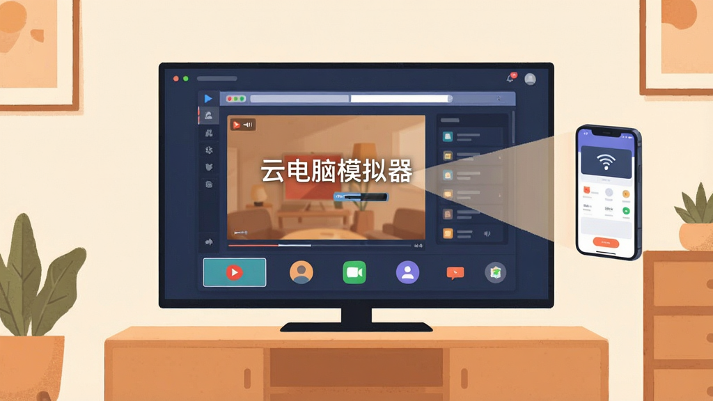 一张展示实际使用场景的插画,主体是一台正在播放视频的智能电视,电视屏幕中显示“云电脑模拟器”的界面。布局为电视位于画面中央,旁边有一部手机悬浮在空中,通过一道无形的光线与电视连接。风格为扁平化与轻质感结合,细节包括电视屏幕上的视频画面和手机上的操作界面。整体色调温暖,背景为简约的客厅环境。画质干净,无多余元素,突出投屏的便捷与高效。