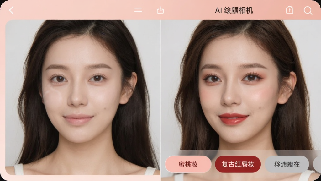 �������AI��ױ���ܽ��棬��Ļ���Ϊ����Ů����Ƭ���Ҳ�ΪͬһŮ����ױ��Ч����ױ�ݾ�����Ȼ���Ҳ����ײ��С�����ױ���������ź촽ױ����ѡ�����������ţ�ɫ����ͣ�ͼƬ�������޶���Ԫ��