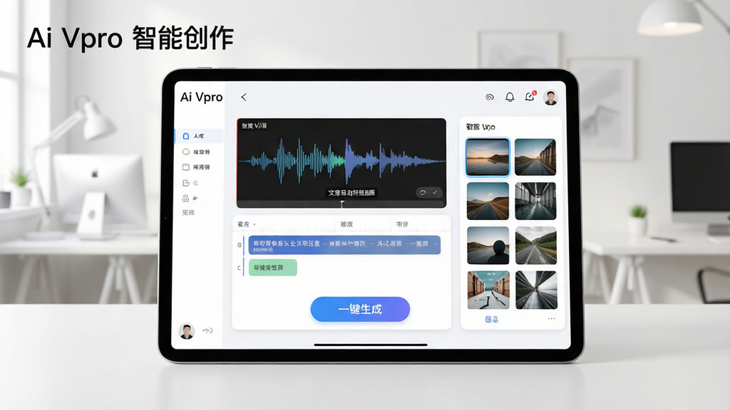 功能展示图:在明亮的工作室环境中,一台平板电脑展示Ai Vpro的智能创作界面,屏幕上显示文案自动转视频的过程,包含语音波形、字幕轨道和画面素材库,界面采用卡片式布局,色彩清新,重点突出“一键生成”按钮,风格现代简约,画质细腻,干净无杂乱元素,文字显示“Ai Vpro 智能创作”