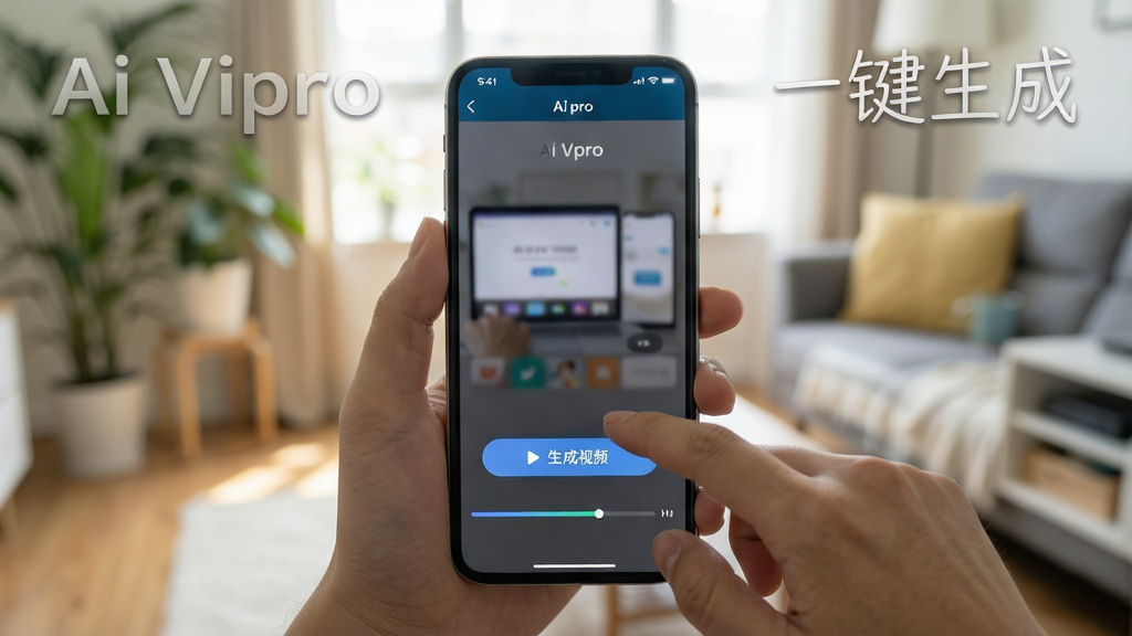 实操演示图:手机屏幕显示Ai Vpro的操作界面,手指正在点击“生成视频”按钮,界面下方有进度条,周围环境为日常生活场景,画面清晰,重点突出操作手势,风格写实,画质干净,无多余元素,文字标注“Ai Vpro 一键生成”