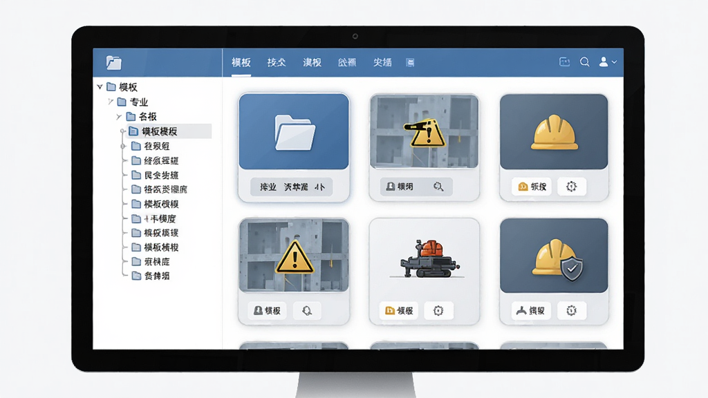 工程施工安全技术交底资料库模板库界面,主体为电脑屏幕展示模板分类列表,左侧树状目录显示各专业名称,右侧显示模板预览卡片,排版整洁,采用简约商务风格,蓝灰配色,细节处有文件图标和安全标识,画质清晰干净,无多余元素