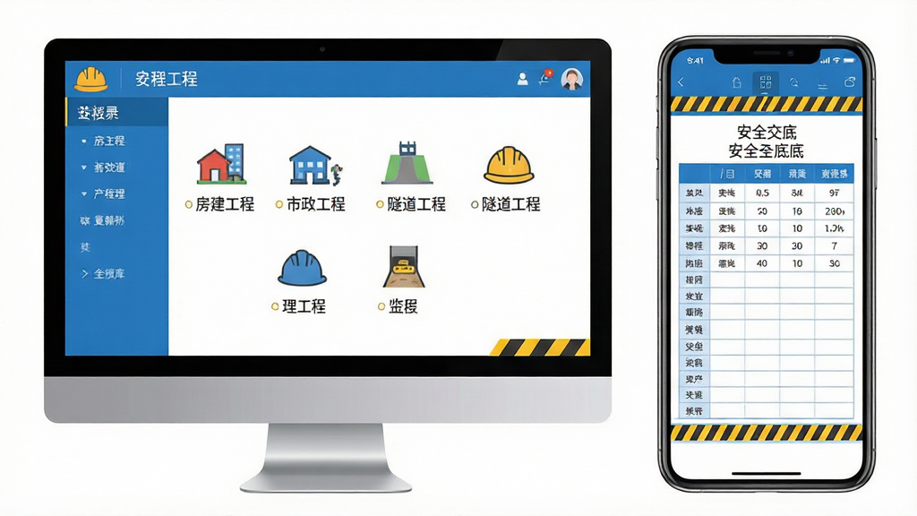 工程施工安全技术交底资料库软件界面预览图,主体为电脑与手机双屏展示,左侧屏幕显示软件主菜单含有“房建工程”“市政工程”“隧道工程”等分类图标,右侧屏幕展示一份安全交底表格模板,整体布局清晰,排版规整,采用蓝白配色,扁平化设计,细节处有安全帽和警示条纹元素,画质高清干净,无多余元素