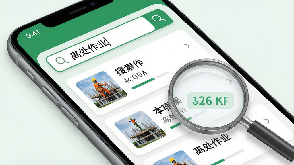 工程施工安全技术交底资料库搜索功能演示图,主体为手机屏幕放大视图,显示搜索框内输入“高处作业”,下方展示搜索结果列表,每个结果项带有文件缩略图,排版清晰,采用浅色背景,绿色强调色,细节处有放大镜图标和结果数量统计,画质高清干净,无多余元素