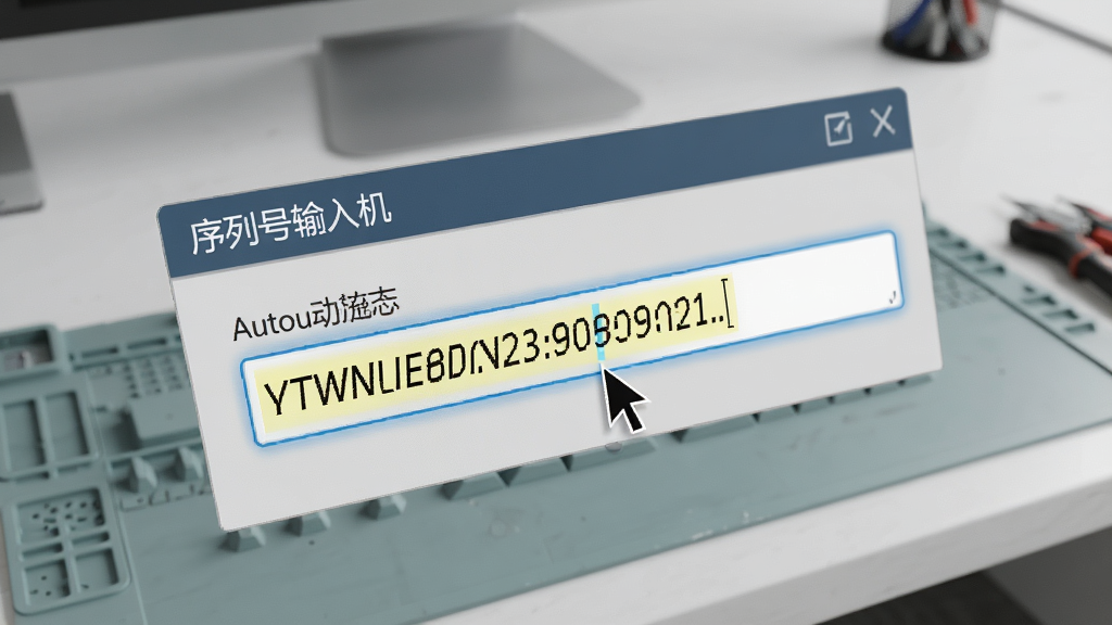 一张特写图,主体为“序列号输入机”软件的自动填充界面,输入框内高亮显示自动填入的序列号,背景为简洁的工作台,布局干净,风格写实,细节展示光标自动定位和填充过程,画质清晰,无多余元素。