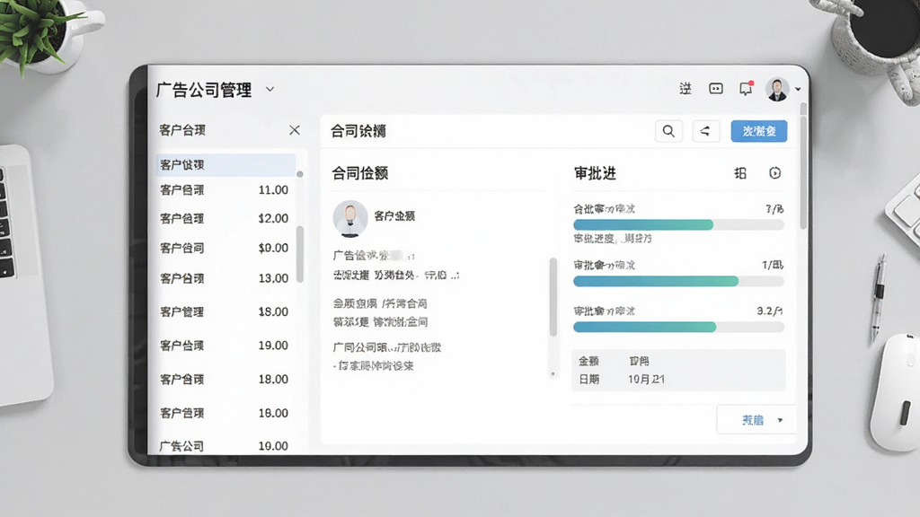 图片主体为“广告公司管理”软件的客户合同管理界面,左侧显示客户列表,右侧为合同详情与审批进度条,背景为浅灰色办公桌面,布局规整,风格清爽商务,细节包含合同金额与日期标签,画面干净清晰