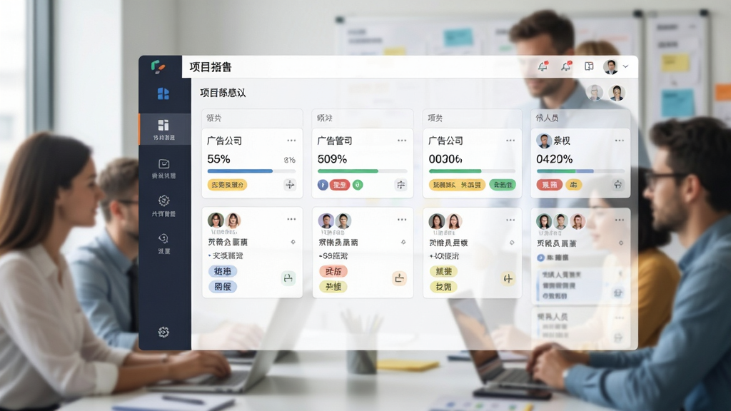 图片主体为“广告公司管理”软件的项目看板视图,屏幕上显示多列任务卡片与人员头像,背景为团队讨论场景虚化,布局直观,风格亲和商务,细节包括卡片上的进度百分比与彩色标签,画面干净无杂乱元素