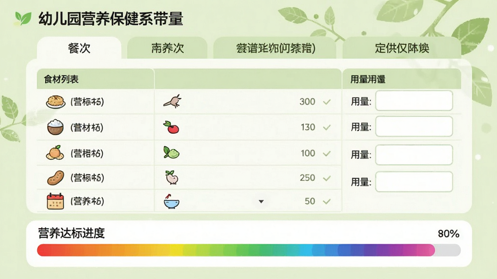 主体:幼儿园营养保健系统带量食谱编辑界面;布局:上方为餐次标签页,中间为食材列表及用量输入框,下方为营养达标进度条;排版:表格纵向排列,清晰易读;风格:清新自然,淡绿色背景;细节:食材旁配有小图标,进度条以彩虹色显示;画质:细腻,干净,无多余元素